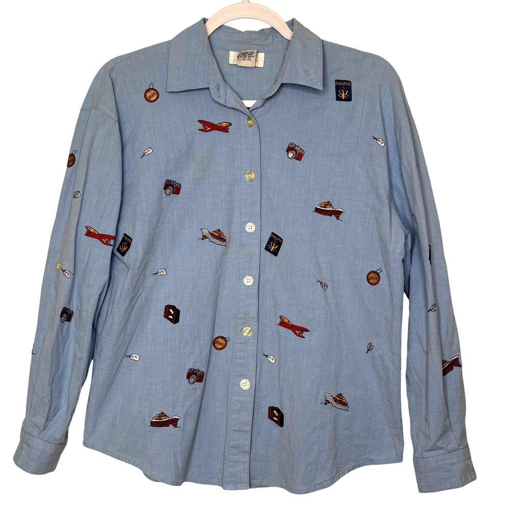 Vtg Teddi Embroidered Travel Blouse S Blue Chambray Shirt Grandmacore Novelty
